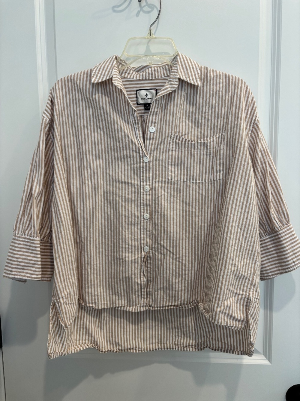 Tuckernuck x Cameran Eubanks collection tan stripped button down